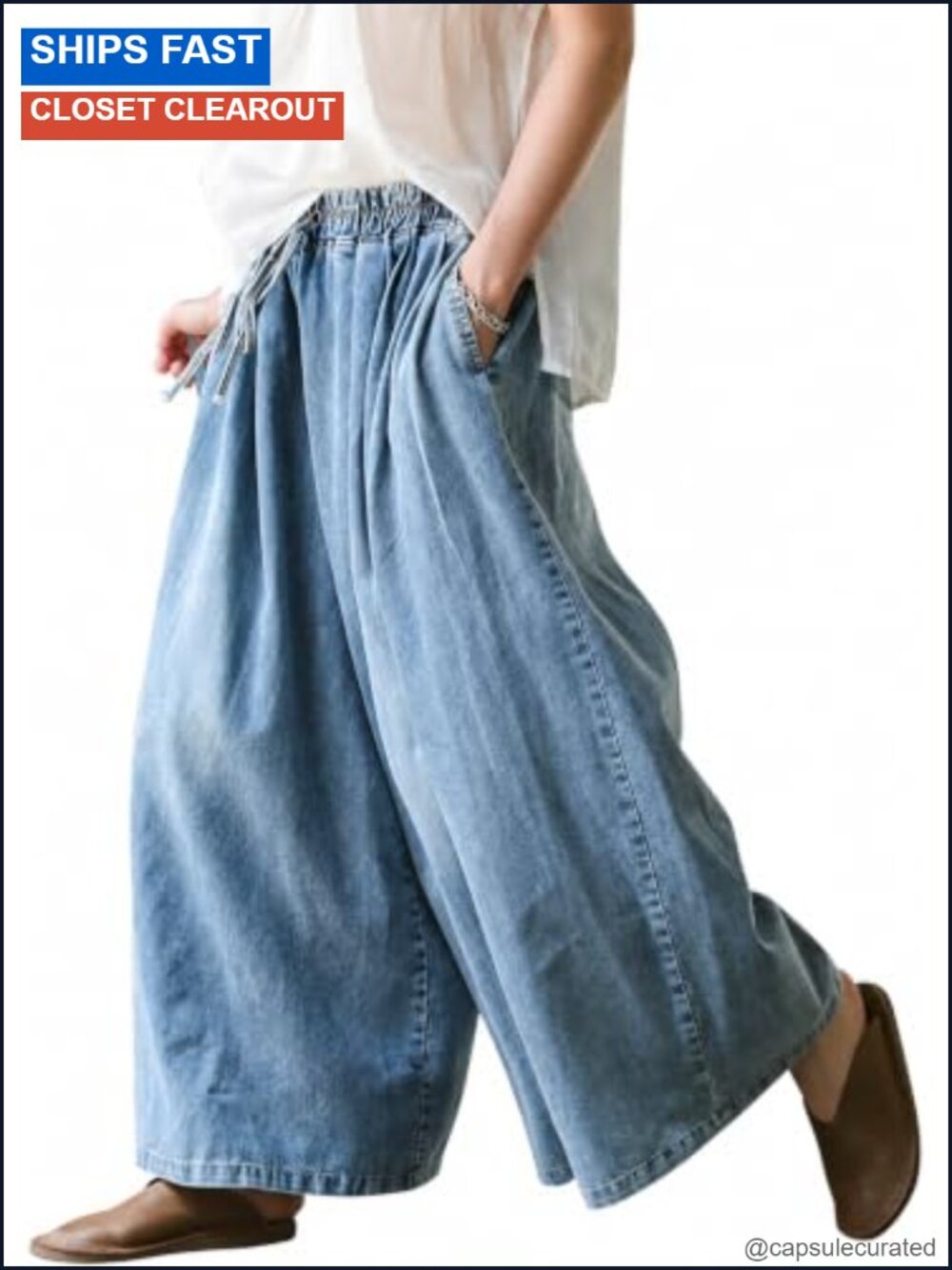 Plus Size Wide Leg Baggy Jeans Elastic Waist Denim Pants Deep Pockets